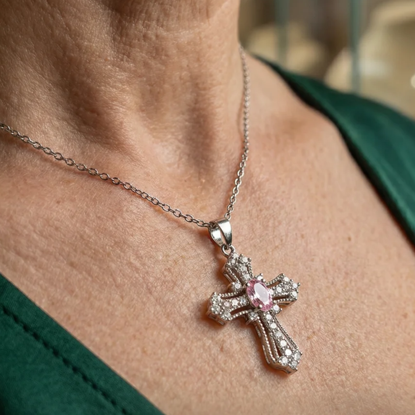 Elegant Celestial Pink Cross Necklace