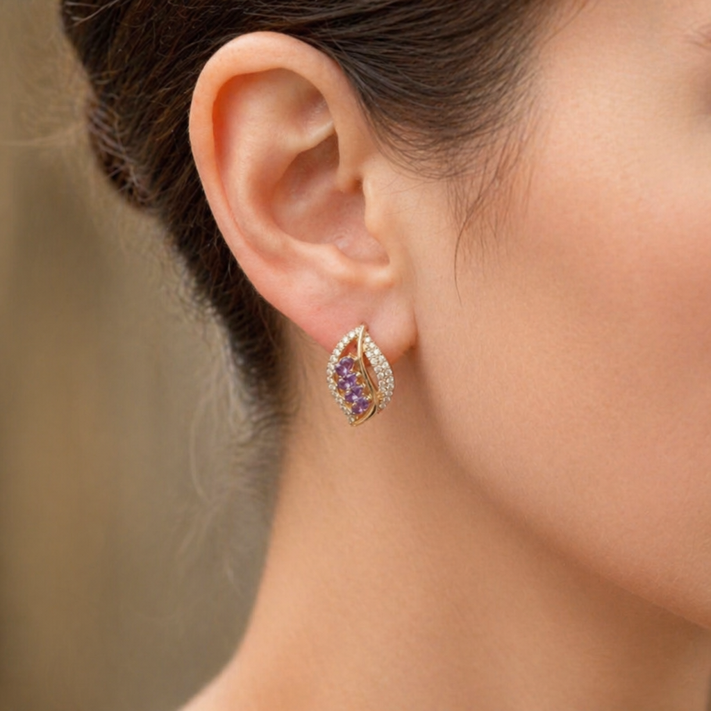 Elegant Violet Feather Rose Gold Earrings