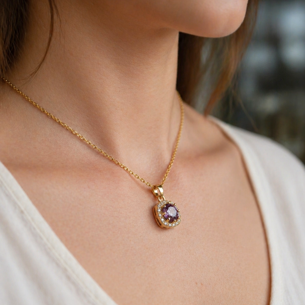 Sophisticated Amethyst Gold Pave Necklace