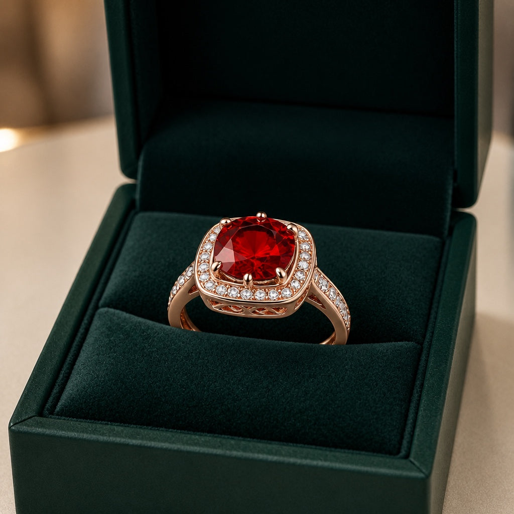 Sophisticated Ruby Halo Gold Ring