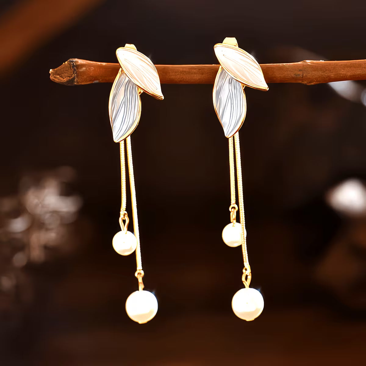 Long Pearl Leaf Earrings