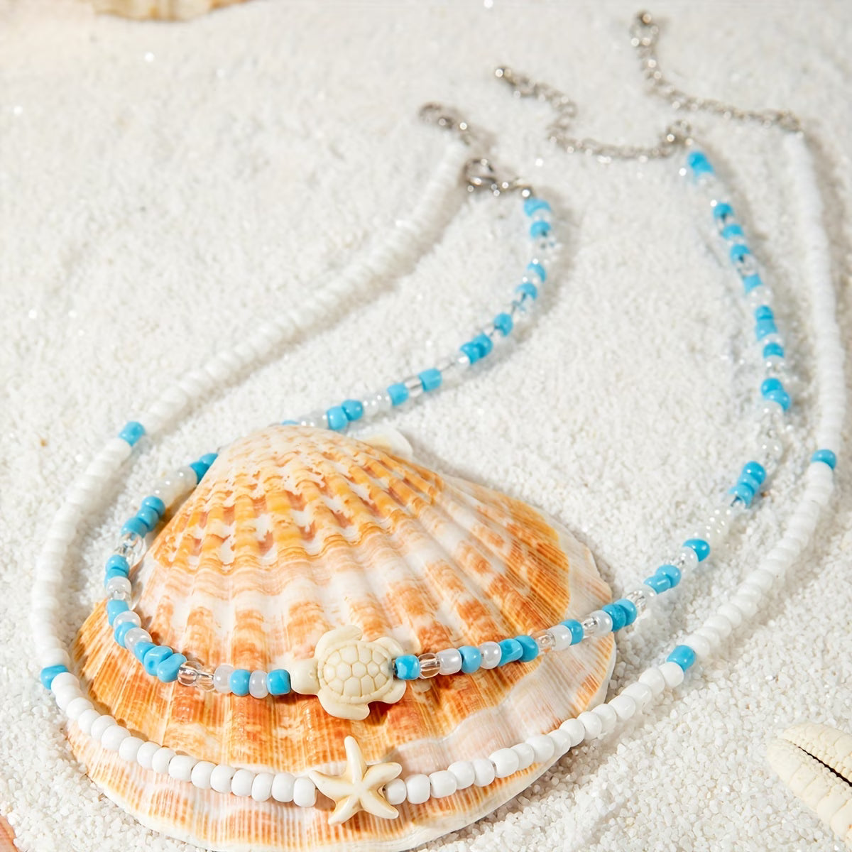 Coastal Turquoise Beaded Necklace Set of 2