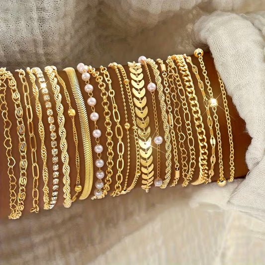 Golden Pearl Chain Bracelet Set of 23