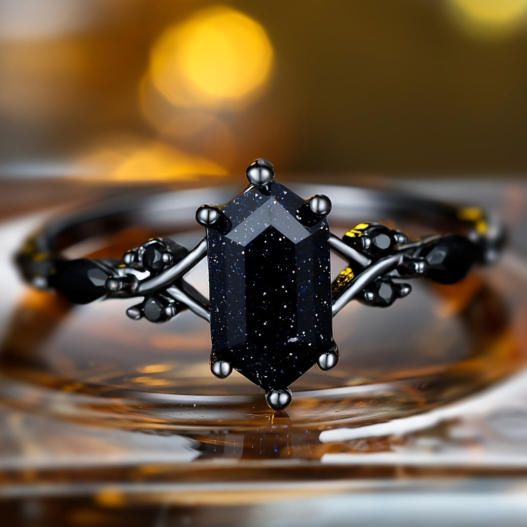 Elegant Gun Black Crystal Ring