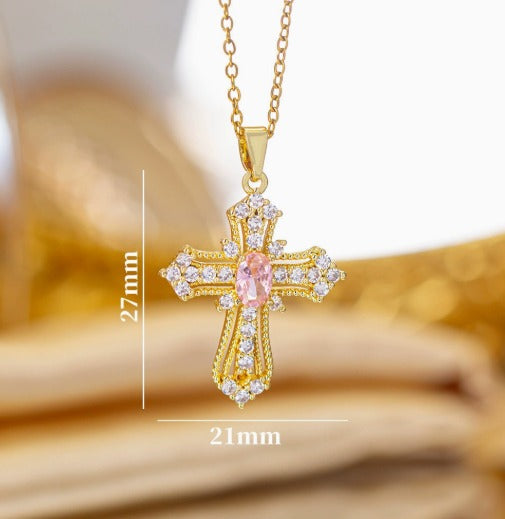 Elegant Celestial Pink Cross Necklace