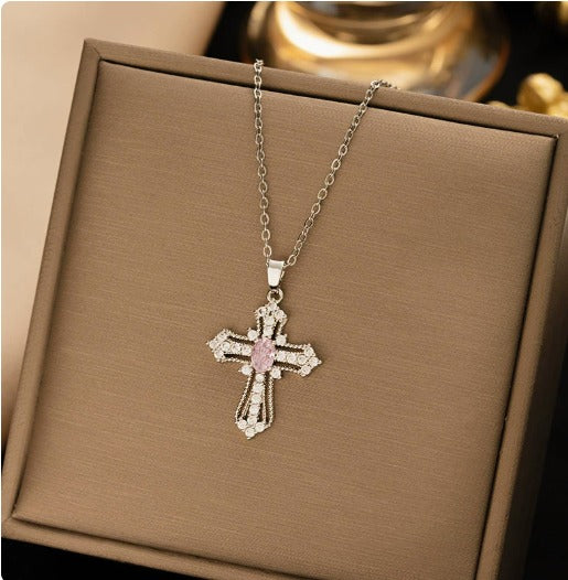 Elegant Celestial Pink Cross Necklace