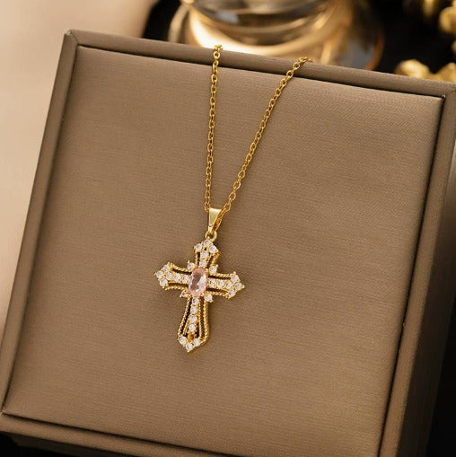 Elegant Celestial Pink Cross Necklace