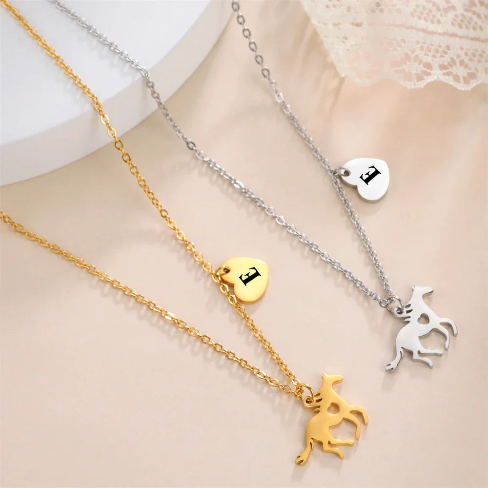 Stainless Steel Initial & Horse Necklace