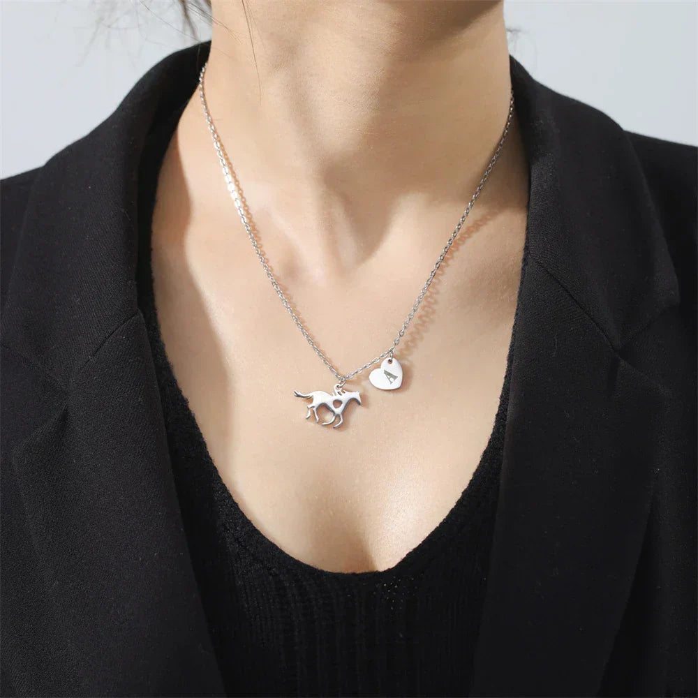 Stainless Steel Initial & Horse Necklace