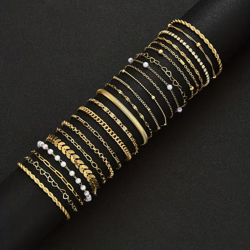 Golden Pearl Chain Bracelet Set of 23