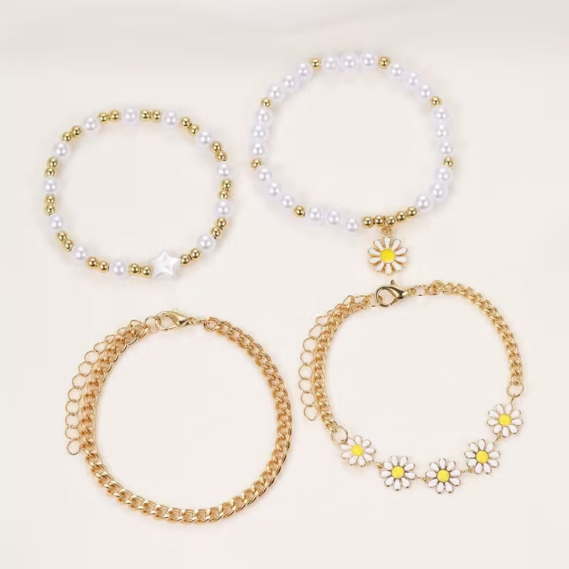 Pearl Daisy Stacking Bracelet Set of 4