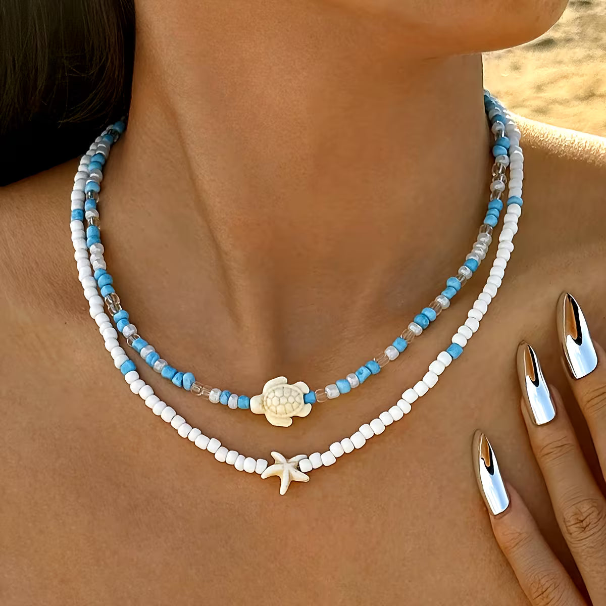 Coastal Turquoise Beaded Necklace Set of 2