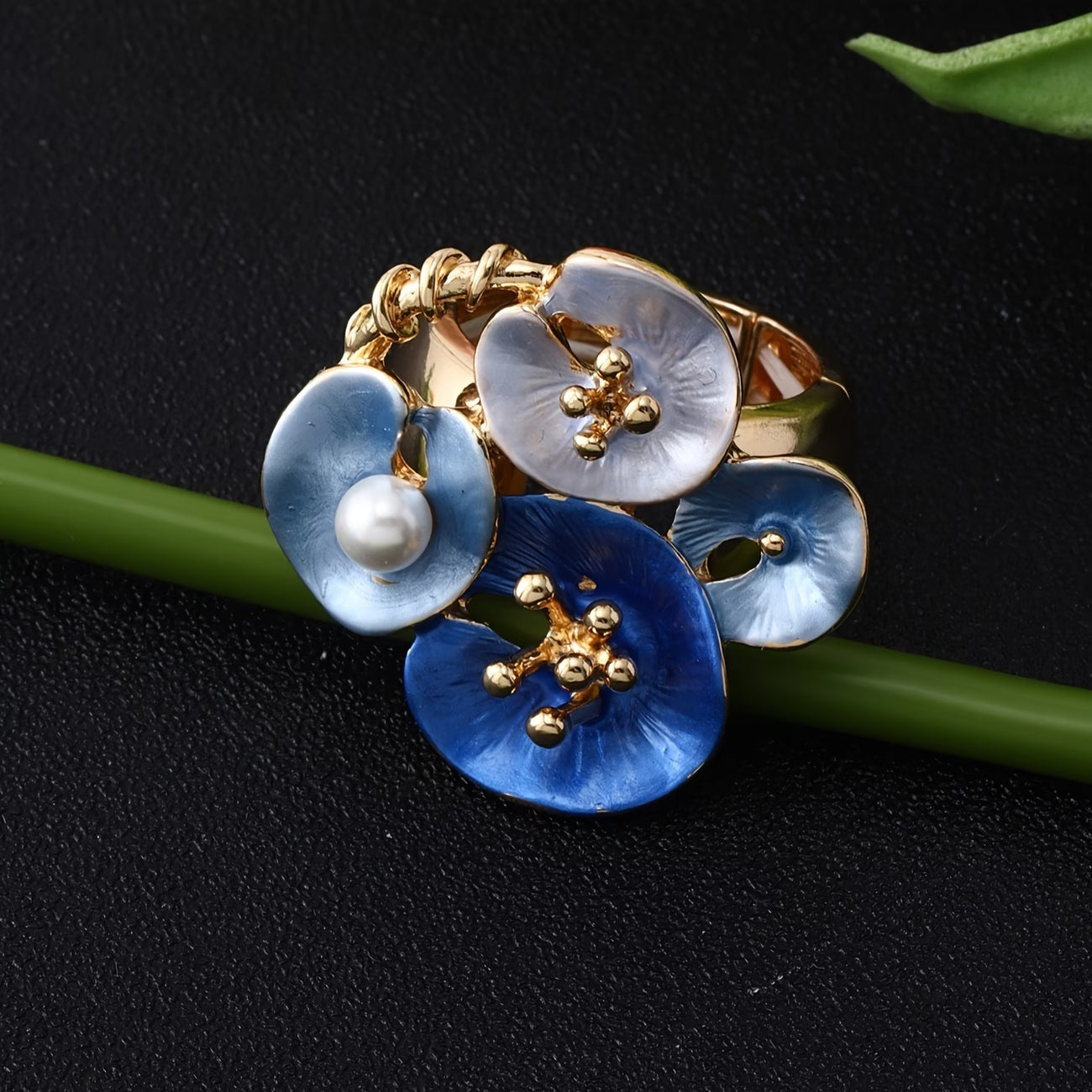 Blue Floral Pearl Adjustable statment Ring