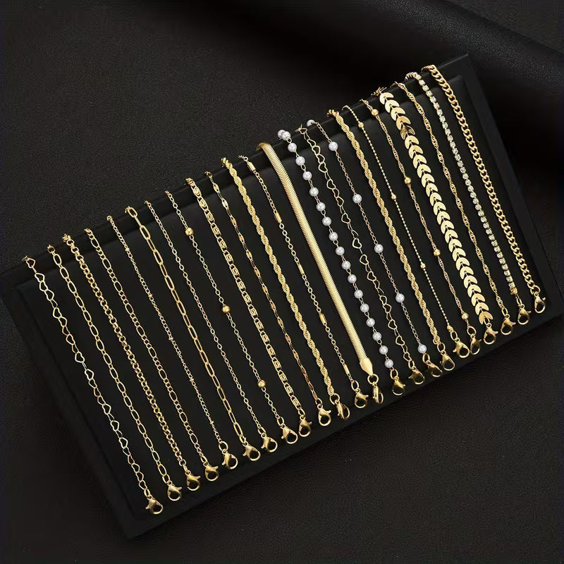 Golden Pearl Chain Bracelet Set of 23