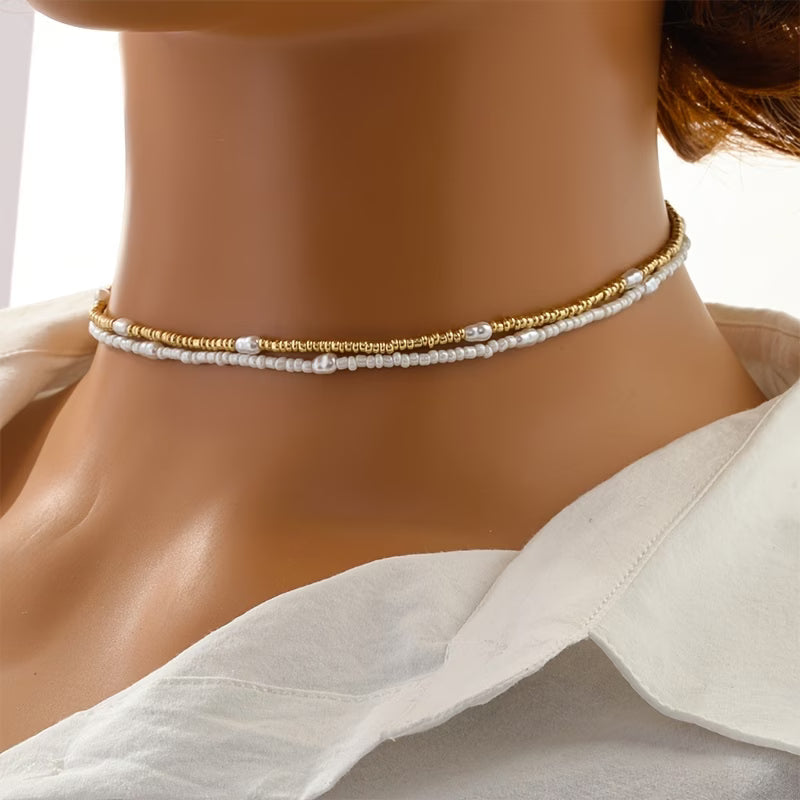 Layered Gold & Pearl Beaded Necklace Set