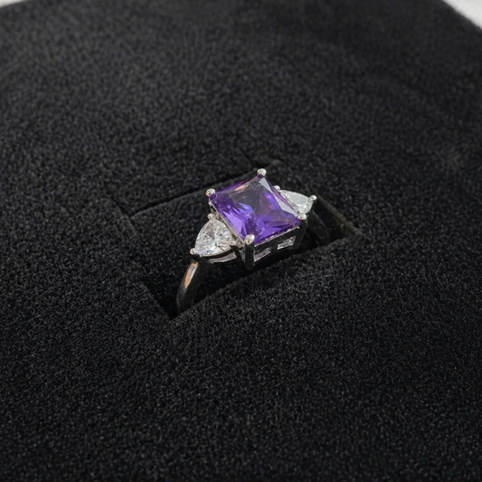 Sophisticated Tri-Stone Amethyst White Gold Ring