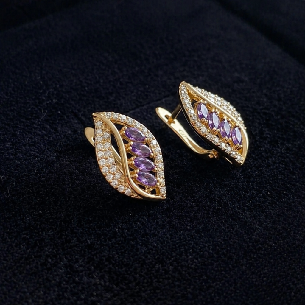 Elegant Violet Feather Rose Gold Earrings
