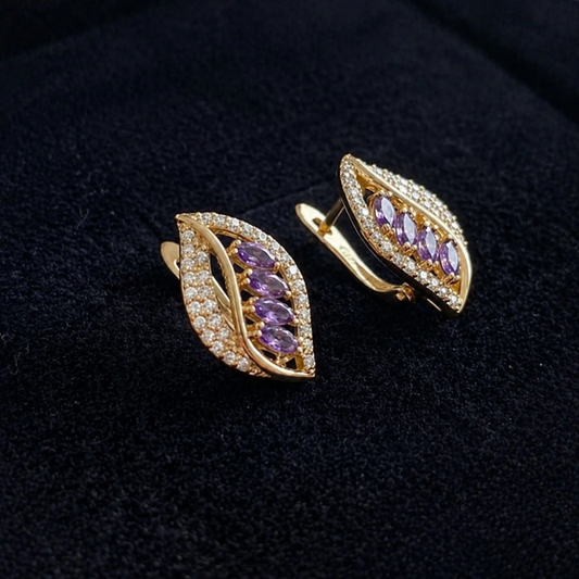 Elegant Violet Feather Rose Gold Earrings