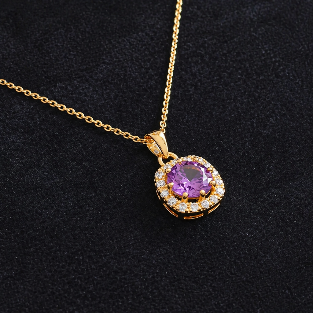 Sophisticated Amethyst Gold Pave Necklace