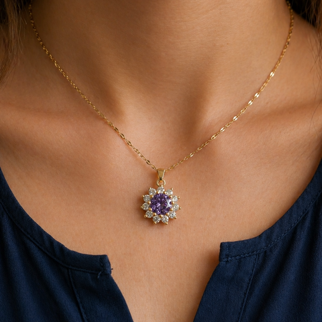 Elegant Amethyst Sunflower Gold Necklace