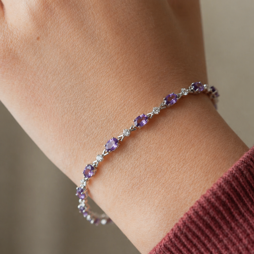 Elegant Amethyst White Gold Chain Bracelet