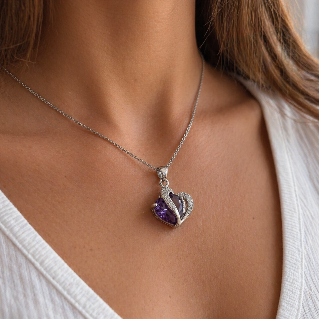 Elegant Amethyst Heart White Gold Necklace