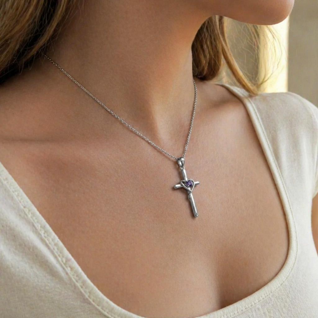 Elegant Amethyst Cross White Gold Necklace
